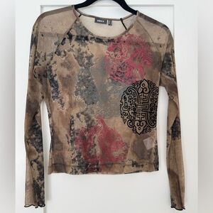 MEXX Dragon Tattoo Mesh Top Y2K Sheer Long Sleeve Size S